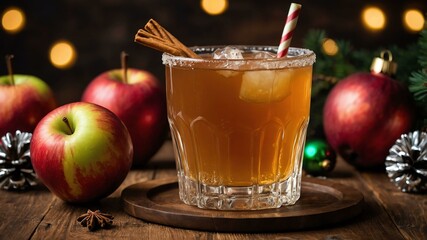 caramel apple cider served on a wooden table with Christmas theme