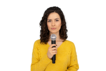 Professional Latina journalist with a microphone ready for an interview