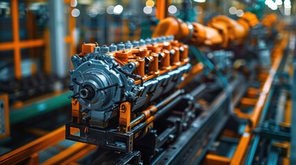 Fototapeta premium Industrial robotic arm assembling engine on production line.