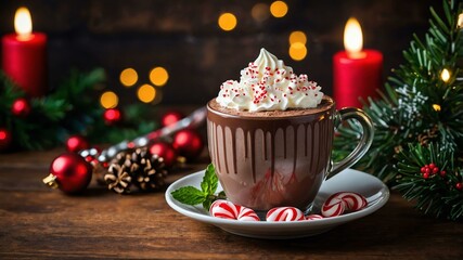 peppermint hot chocolate served on a wooden table with Christmas theme