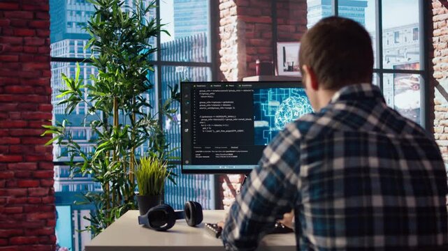 Developer writing code on computer and doing maintenance on artificial intelligence neural networks computerized model. Tech support expert typing on keyboard, doing checkup on AI systems, camera A