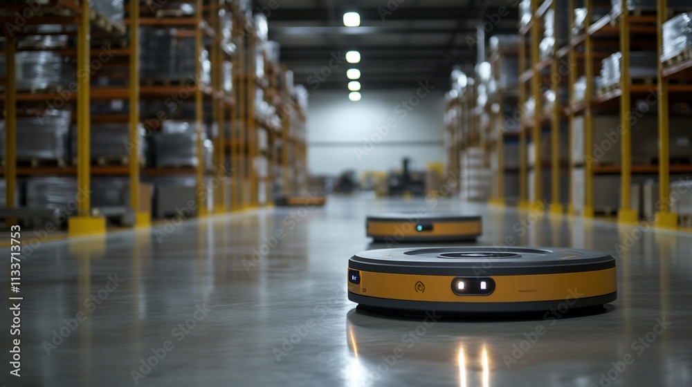 Poster Two autonomous robots navigating a warehouse floor for inventory management.