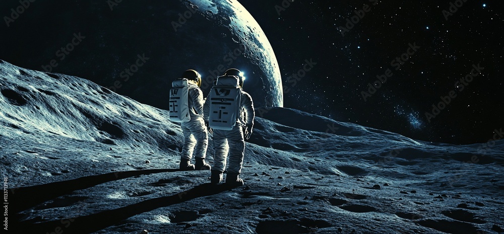 Poster Two astronauts exploring the lunar surface with Earth visible in the background.