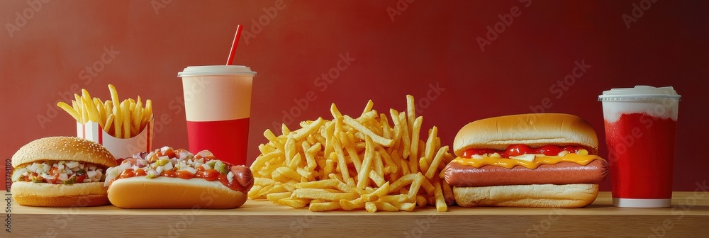 Poster a table displays an array of fast food including crispy fries, colorful hot dogs, and refreshing sof