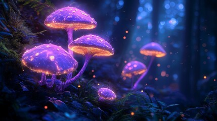 Glowing Purple Mushrooms In A Dark Forest