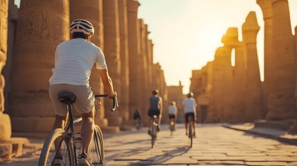 Exploring Ancient Ruins on Bikes: A Unique Journey Through Time and History in Golden Light. Travel Adventures, Diversity Concept