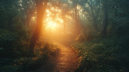 Obraz premium Golden Sunrise Path Through Misty Forest Woods