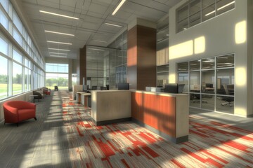 Modern office interior with natural light and contemporary furnishings.