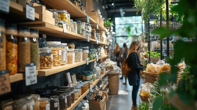 Eco-Friendly Shopping Experience: Customers exploring Sustainable Store Aisle with Reusable and Plastic-free Products