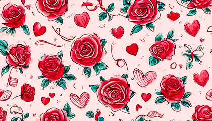 simple  doodle st valentine themed pattern, light pink background, red roses, hearts, ribbon