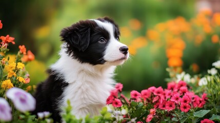 Fototapeta premium Adorable Black and White Puppy Surrounded by Colorful Flowers