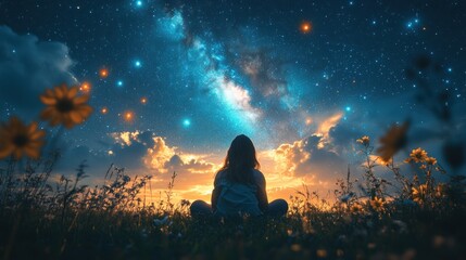 Starry Night Serenity: A Woman Contemplates the Cosmos