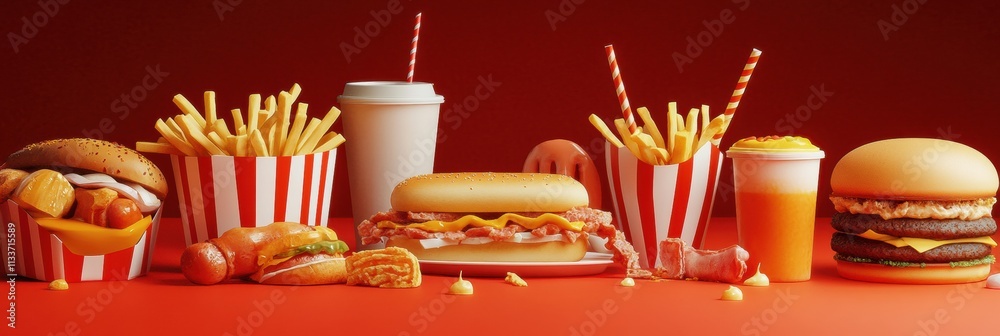 Poster a colorful assortment of fast food items, including fries, burgers, and drinks, arranged neatly on a