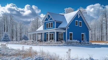 Blue House in Winter Wonderland