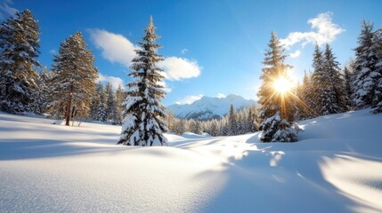 Fototapeta premium Breathtaking landscape of a serene and magical winter wonderland in a snowy forest with sunlight peeking through the tall pine and fir trees and casting a warm glow over the pristine