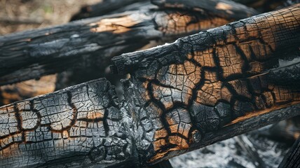 Partially burnt wood surface with ash layers and blurred objects