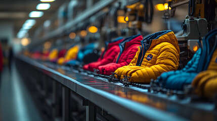Colorful jackets on an automated production line in a factory.