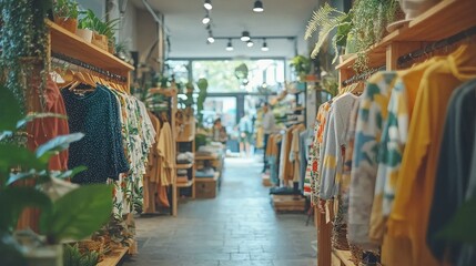 Close-up of Sustainable Fashion Pop-Up Shop with Eco-Friendly Clothing Racks: Customers Engaging in Ethical Choices