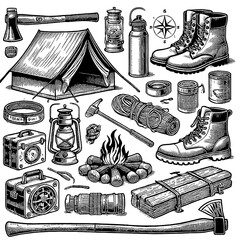illustration camping equipment vector black and white