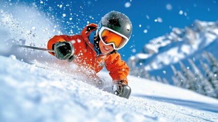 Skier wearing an orange jacket carving and skiing down a snowy mountain slope during the winter season  The image captures the speed energy