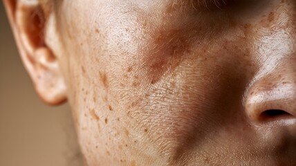 Extreme close-up of slightly dry skin with visible flakes and freckles