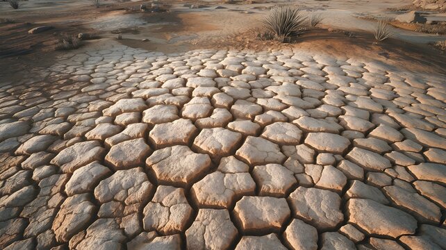 Top-down view of parched soil with intricate crack patterns
