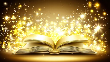 Open Book with Magical Golden Light and Sparkling Bokeh Effect