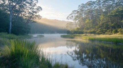 Serene Sunrise Over Misty River And Lush Trees