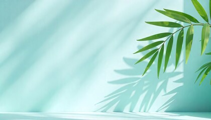 Fototapeta premium Shadows from palm leaves on a muted light blue wall under bright sunlight creating an elegant abstract feel for product presentation during spring