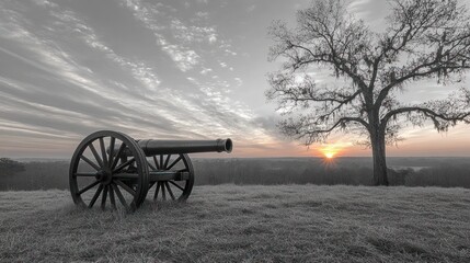 A historic cannon rests on a grassy hill at sunrise, evoking a sense of history and peace.