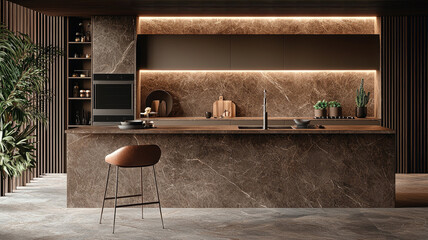 Stylish kitchen with mocha cabinets and marble countertops