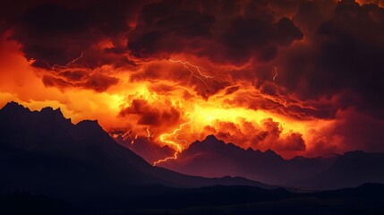 Fiery Sunset Lightning Storm Over Mountain Range