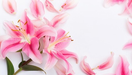 Closeup of Blooming Stargazer Lily Flowers and Petals Isolated on White Background. Top View of Flower with Empty Space.