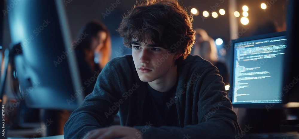 Aufkleber A focused teenager working on coding at a computer in a dimly lit space.