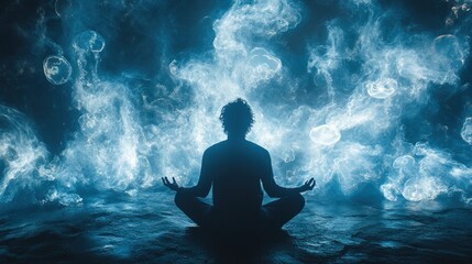 Fototapeta premium Meditative figure amidst ethereal jellyfish, blue ocean.