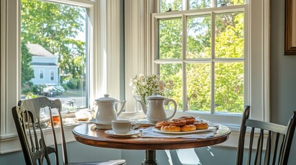 Obraz premium Cozy Breakfast Scene by the Window with Tea and Pastries