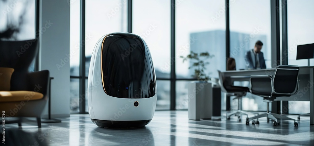 Poster a futuristic robotic device in a modern office setting.
