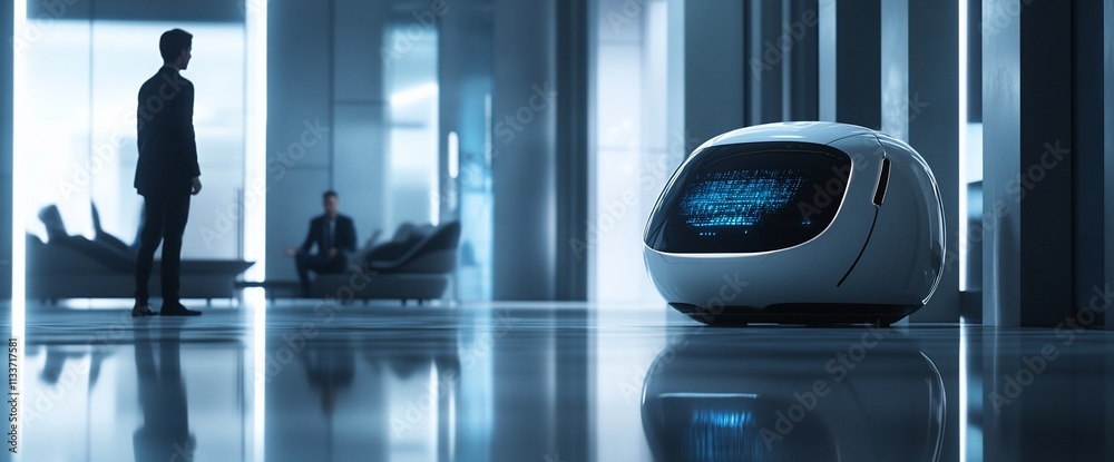 Poster a futuristic scene featuring a robot interacting with a businessman in an office.