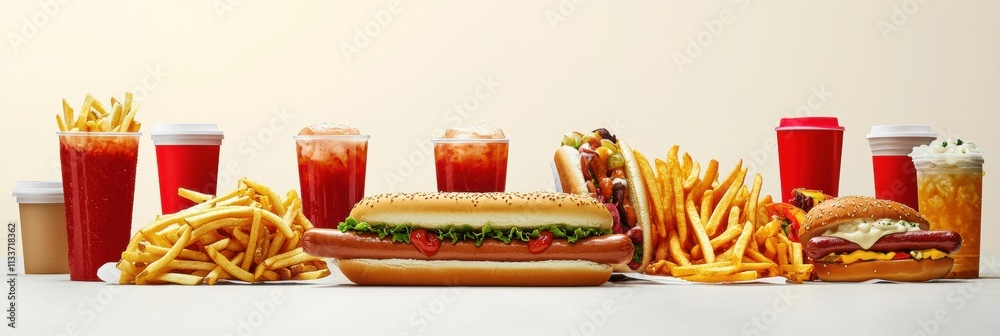 Poster a vibrant display of fast food including hot dogs, crispy fries, and colorful drinks, creating a tem
