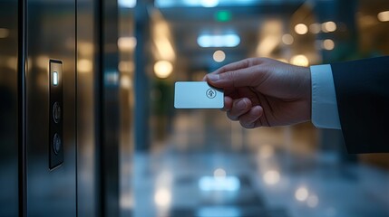 Man uses access card for elevator access