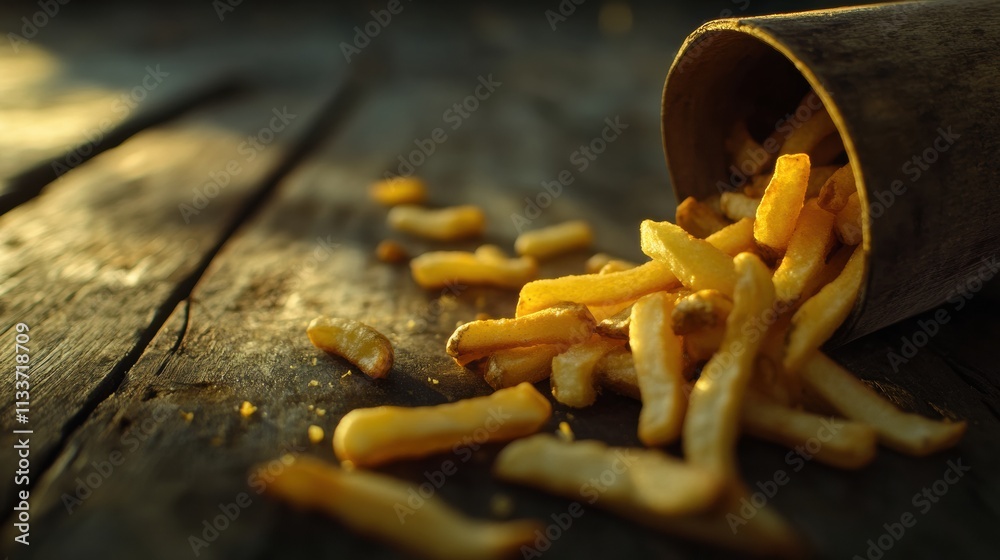 Poster fries are pouring out of a cup onto a weathered wooden surface, capturing a tempting and casual snac