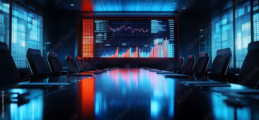 Poster a modern conference room with a digital data display on the wall.