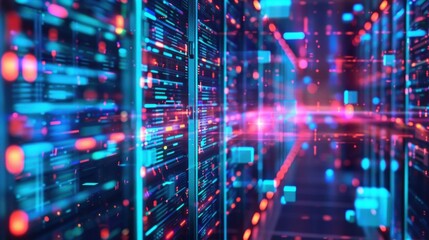 Naklejka premium Server racks are flashing with activity as they process big data in a data center, representing the power and complexity of modern information technology