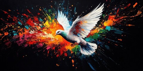 Fototapeta premium A vibrant dove takes flight across a dark canvas.