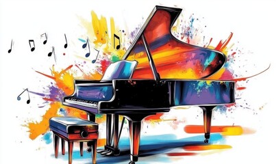 Delightful music notes soar around a colorful piano, bringing it to life.