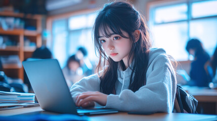 Fototapeta premium Japanese teenage girl studying in classroom using computer laptop