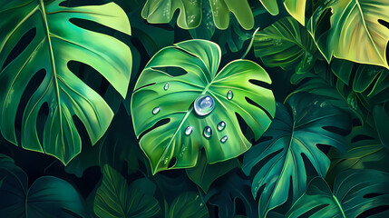 Fototapeta premium Green leaf with dewdrop in a lush forest setting. Dewdrop. Illustration