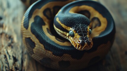 Obraz premium Close-up of a Vibrant Ball Python on Natural Wooden Surface