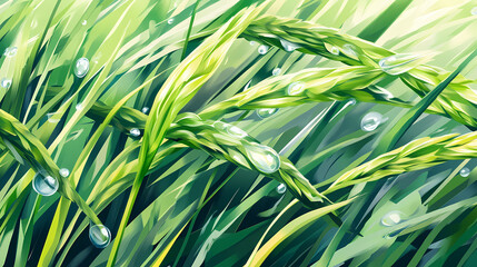 Illustration of green wheat. Dewdrop. Illustration