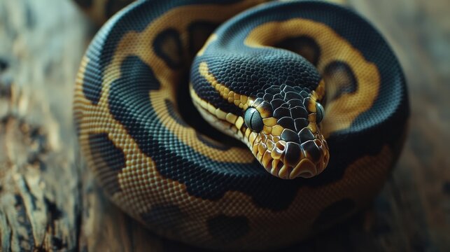 Close-up of a Vibrant Ball Python on Natural Wooden Surface
